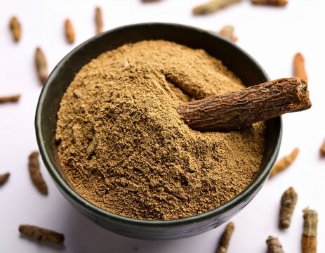 ayurvedic mulethi stick in bowl medicinal plant powder herbs medicinal plant