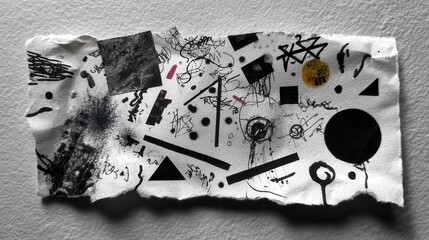 Abstract Mixed Media Art with Scribbles, Shapes, and Ink Splashes on Torn Paper Background