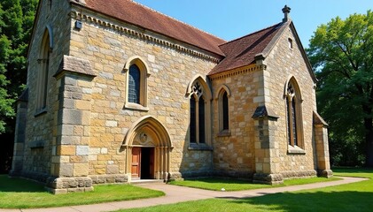 Fototapeta premium Ancient stone church exterior, weathered facade, clouds, travel