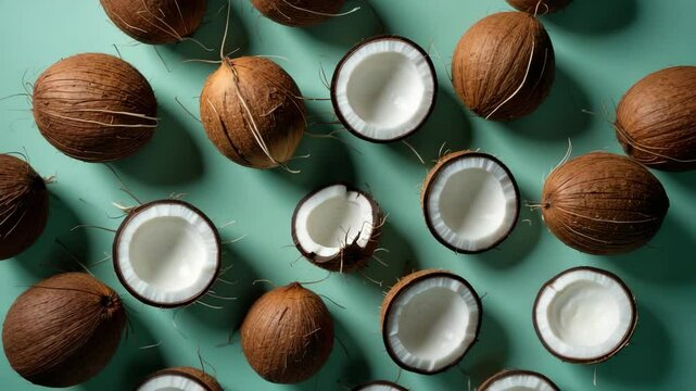 Pattern featuring coconuts in the background. Aerial perspective. Innovative summer idea.