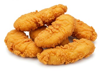 A pile of golden fried chicken tenders close up food photography isolated on white background