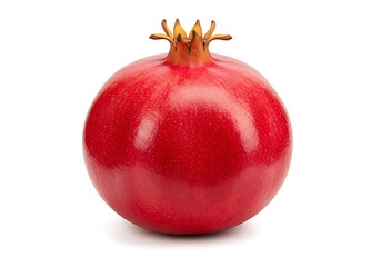 A single pomegranate with a crown on top isolated on a white background in a studio setting close up view