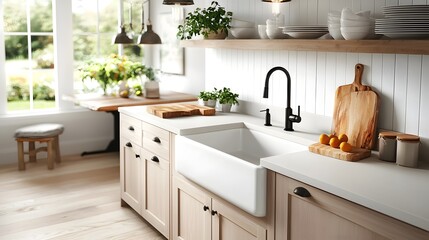 A cozy and inviting farmhouse style kitchen with warm neutral tones  long title A welcoming