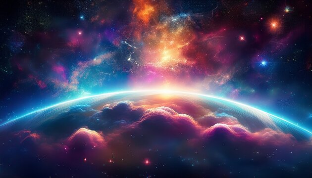 vue cosmique d une planete nuageuse avec etoiles et energie