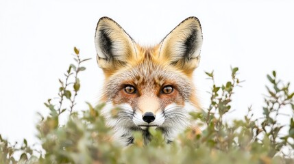 Obraz premium A sly red fox peeking through bushes, with its ears perked up, on a white background