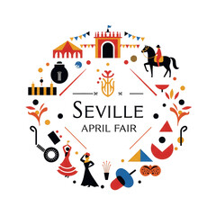 Obraz premium Whimsical circular illustration featuring icons of Seville April Fair, including flamenco dancers, horses, fans, tents, and festive elements.