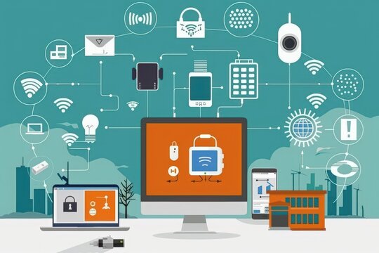 Digital illustration of networked devices and smart technology connections.