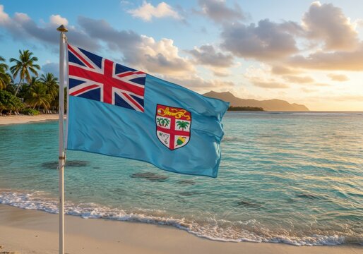 Waving Fijian Flag Symbolizing Pacific Paradise Over Pristine Beaches and Turquoise Coral Reef Waters