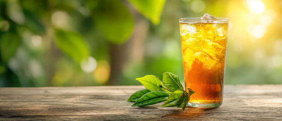 A refreshing glass of iced tea with ice cubes and tea leaves on a wooden table against a sunny, green outdoor background.