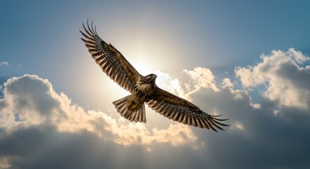 Obraz premium Majestic hawk soars through sunny skies above the clouds, embodying freedom