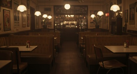 An inviting, vintage diner interior with booths, tables, and warm overhead lighting.