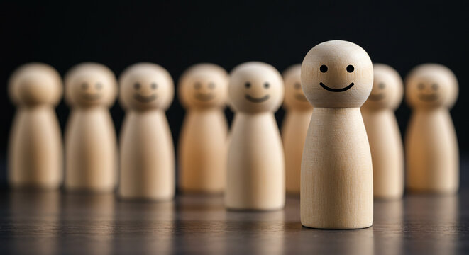 A group of wooden peg dolls with smiley faces standing on a reflective surface against a dark background