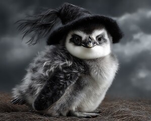 Obraz premium Cute penguin chick in a witch's hat