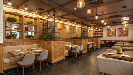 Modern Restaurant Interior Design with Wooden Elements and Cozy Lighting – EPS Vector Background