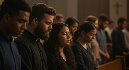 Diverse Congregation United in Prayer at Church Service Seeking Spiritual Connection