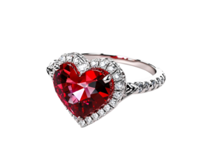 3D rendering of a red heart-shaped ruby ring with white diamonds on Png Format and Transparent Background