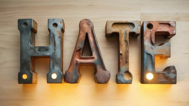 The word HATE designed in wooden letterpress typography.