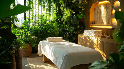 Serene spa room with lush greenery and relaxing atmosphere for rejuvenation in the heart of the city