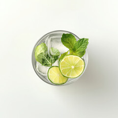 Top-down view of a mojito cocktail with lime slices, mint leaves, and ice in a clear glass