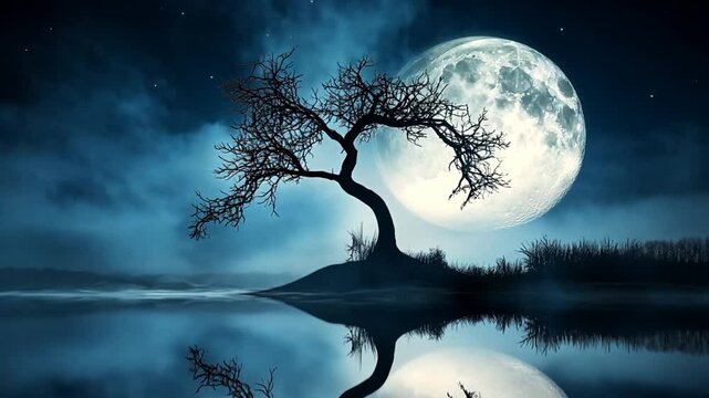 Serene night scene featuring a solitary tree silhouetted against a full moon over calm waters