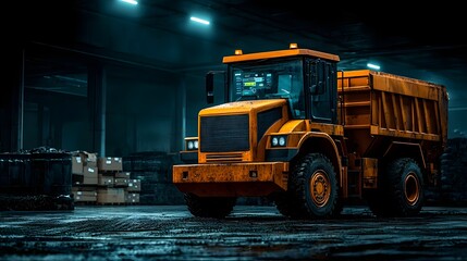 Obraz premium A massive heavy duty dump truck stands alone in a dimly lit industrial warehouse or construction site its powerful features and rugged design conveying a sense of utility and functionality