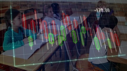 Students writing notes in classroom, overlaying financial candlestick chart for education theme - Powered by Adobe