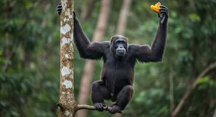 Captivating orangutan enjoys a fruit snack high in the tropical rainforest canopy