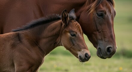 Fototapeta premium Touching moment of a mother horse with her foal grazing in the meadow