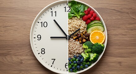 A plate with healthy food is combined with a clock, representing intermittent fasting or timed nutrition strategy for health conscious lifestyle