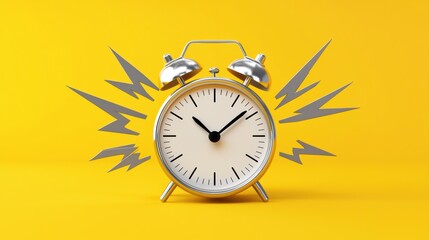 Stylized silver alarm clock with yellow background and lightning bolts