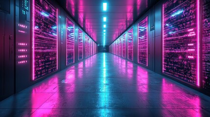 Fototapeta premium Futuristic server room illuminated with vibrant neon lights