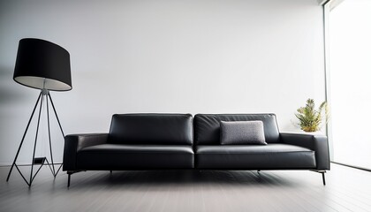 minimalistic studio room with a modern black sofa