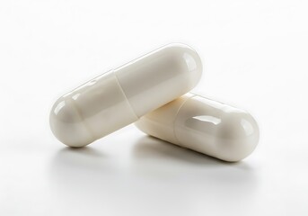 Two white capsules lying on a white surface in a close up studio shot with soft lighting effect