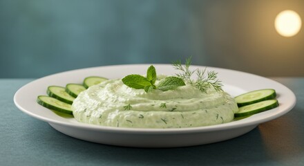 Creamy Green Tzatziki Dip with Cucumber Garnish on White Plate