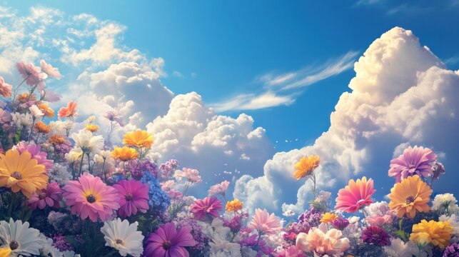 Colorful flower field against a vibrant blue sky with fluffy clouds