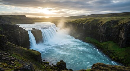 Fototapeta premium Golden Hour's Cascade AI Generated