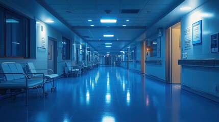 Fototapeta premium Empty Hospital Corridor with Shiny Floor Reflecting Lights at Night