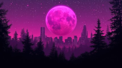 Fototapeta premium Magenta moon over dreamy cityscape
