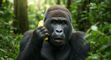 Expressive portrait of a gorilla holding a banana like a phone in a jungle