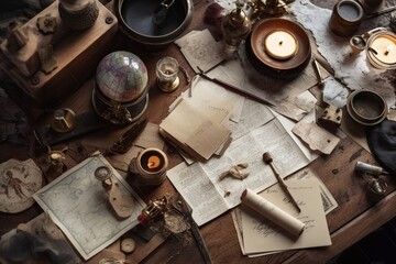Antique Desk Scattered with Documents and Items