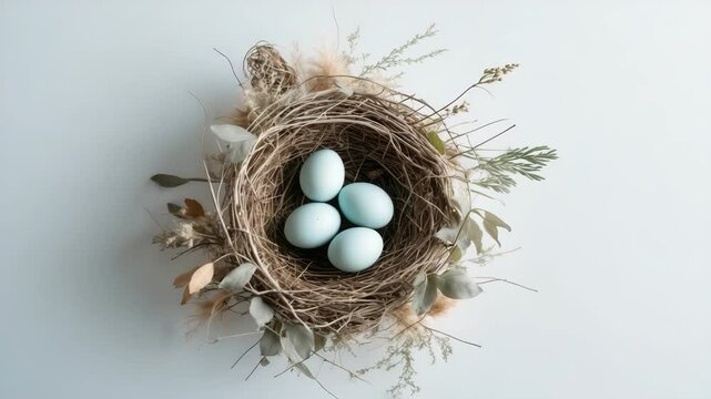 Isolated robins nest featuring 4 eggs on a plain background