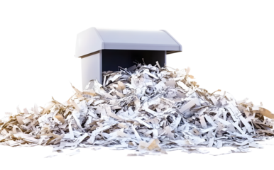 A large pile of shredded documents spills from a paper shredder, symbolizing data destruction, privacy protection, or the end of a project.