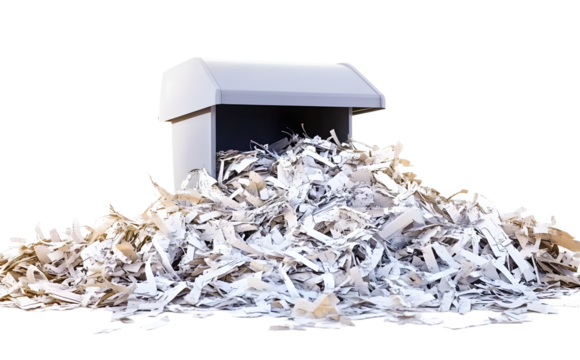 A large pile of shredded documents spills from a paper shredder, symbolizing data destruction, privacy protection, or the end of a project.
