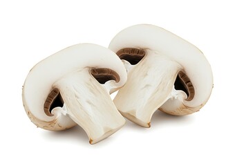 Fototapeta premium Close up of two halved white button mushrooms showing gills on a plain white background studio shot