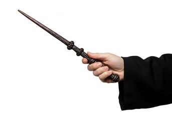 Hand holding a dark brown magic wand isolate on white background