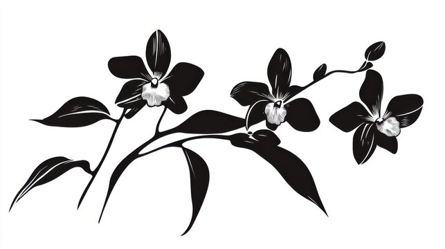 Black and White Dendrobium Orchid Branch Illustration