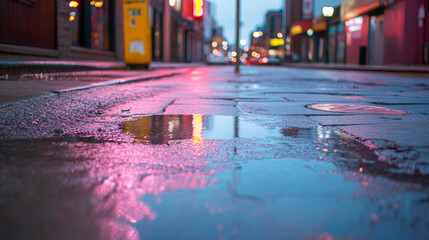 Obraz premium Close-up of a puddle reflecting city lights at dusk 