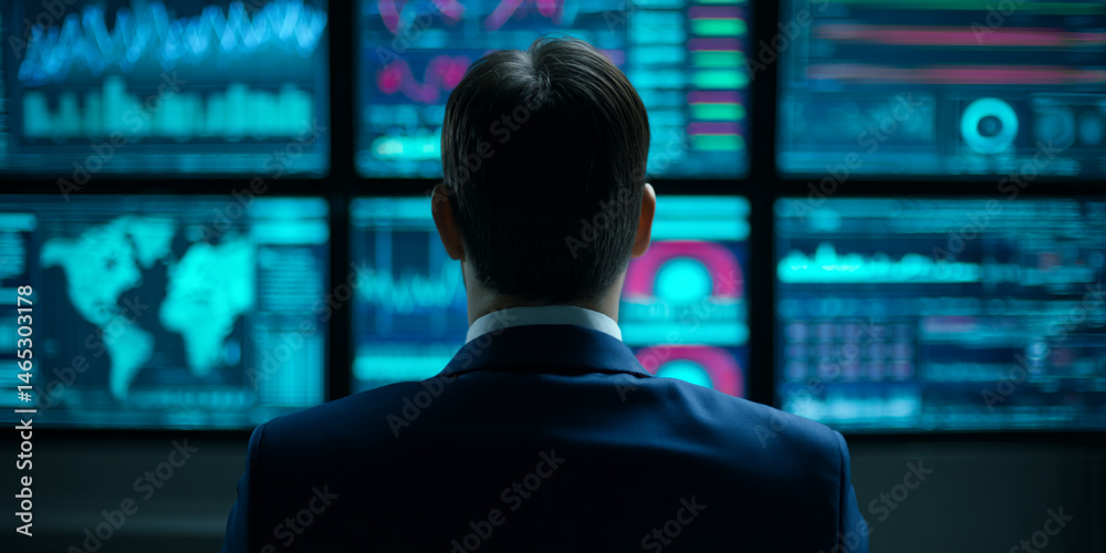 Poster man in suit viewing multiple screens displaying financial data and world map, representing global ma