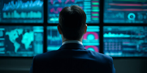 Man in suit viewing multiple screens displaying financial data and world map, representing global market analysis and data monitoring