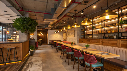 Modern Restaurant Interior Design with Wooden Elements and Cozy Lighting &ndash; EPS Vector Background